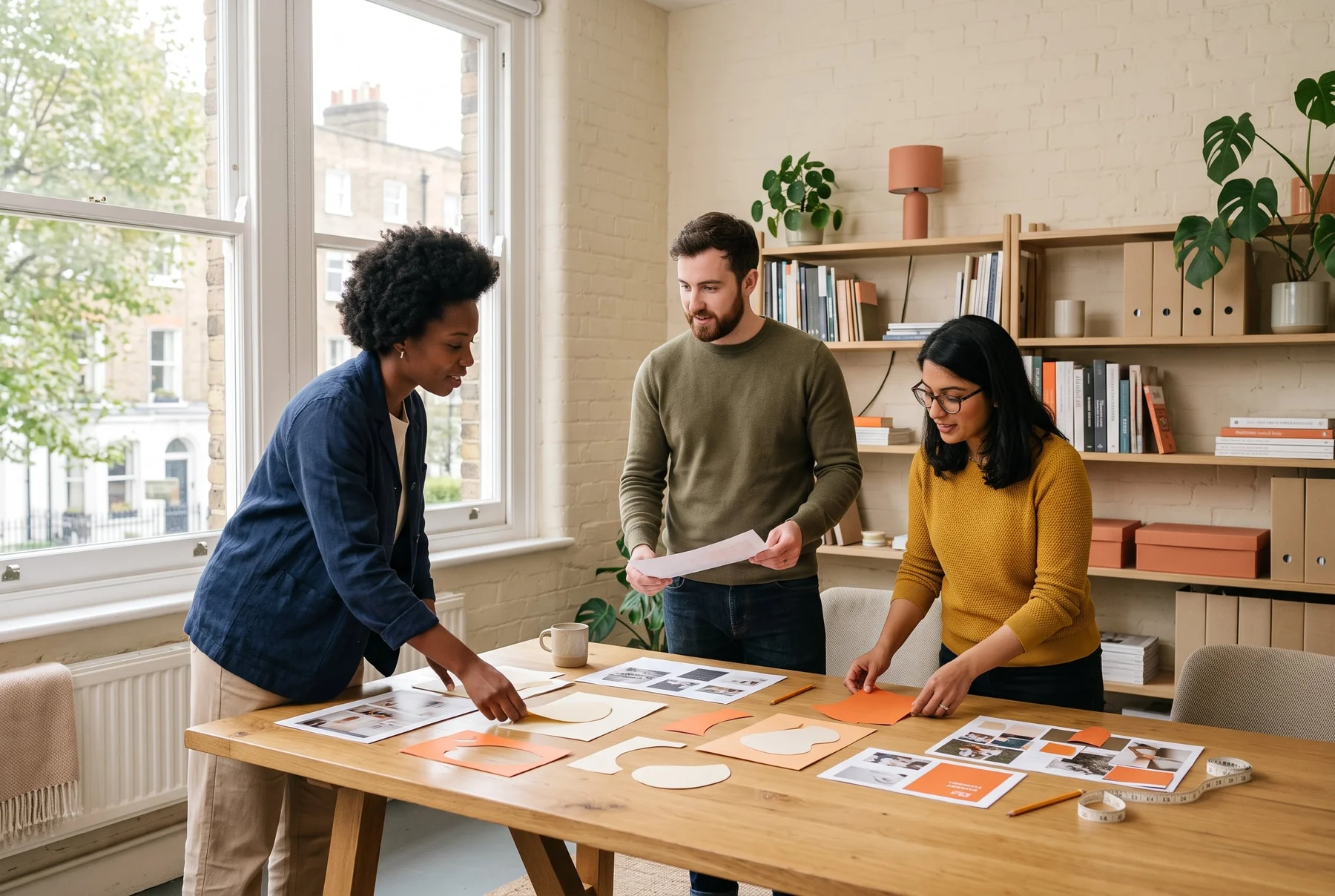 Creative collaborators planning a campaign in a light-filled workspace