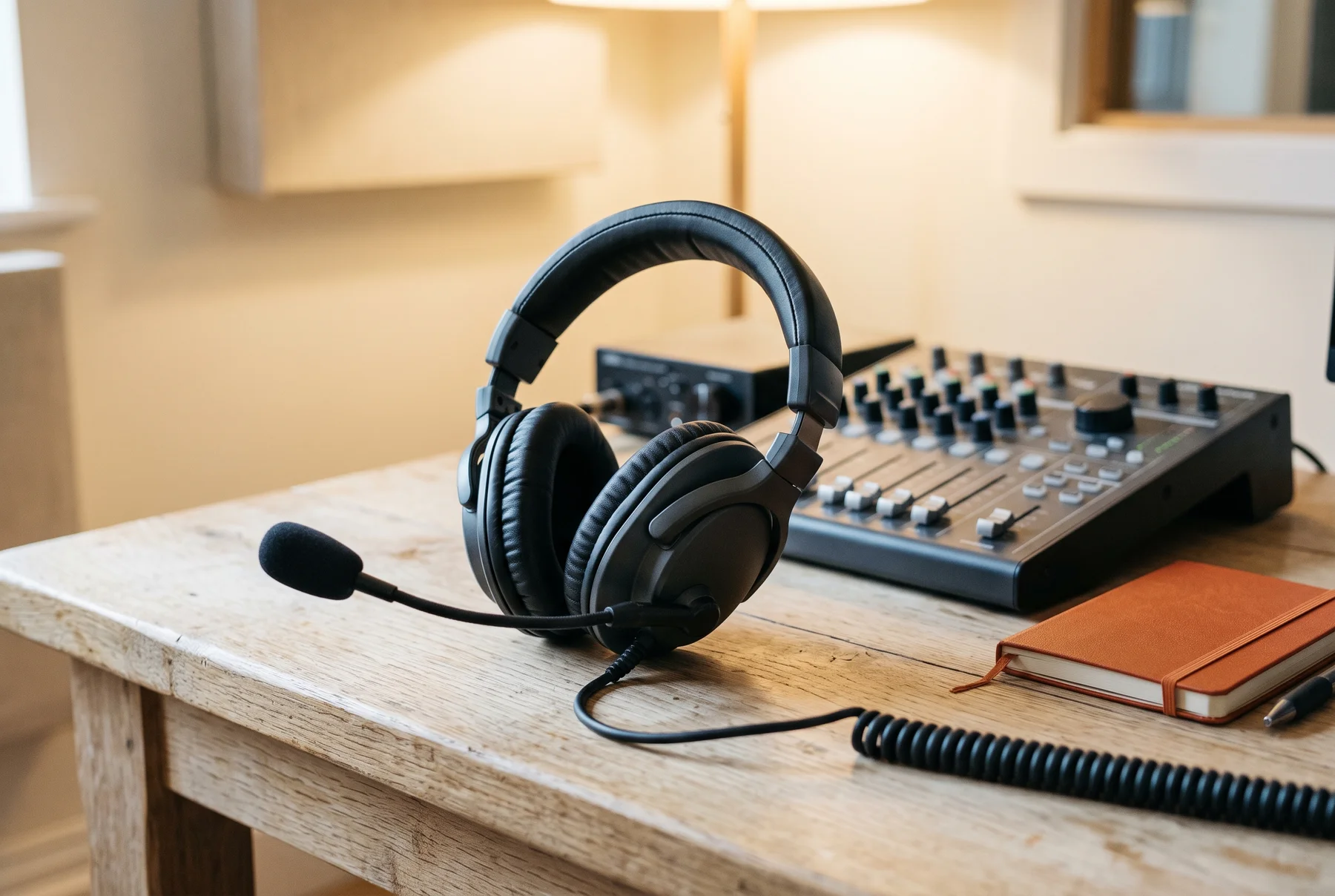 Illustration of a generic broadcast headset on a studio production desk