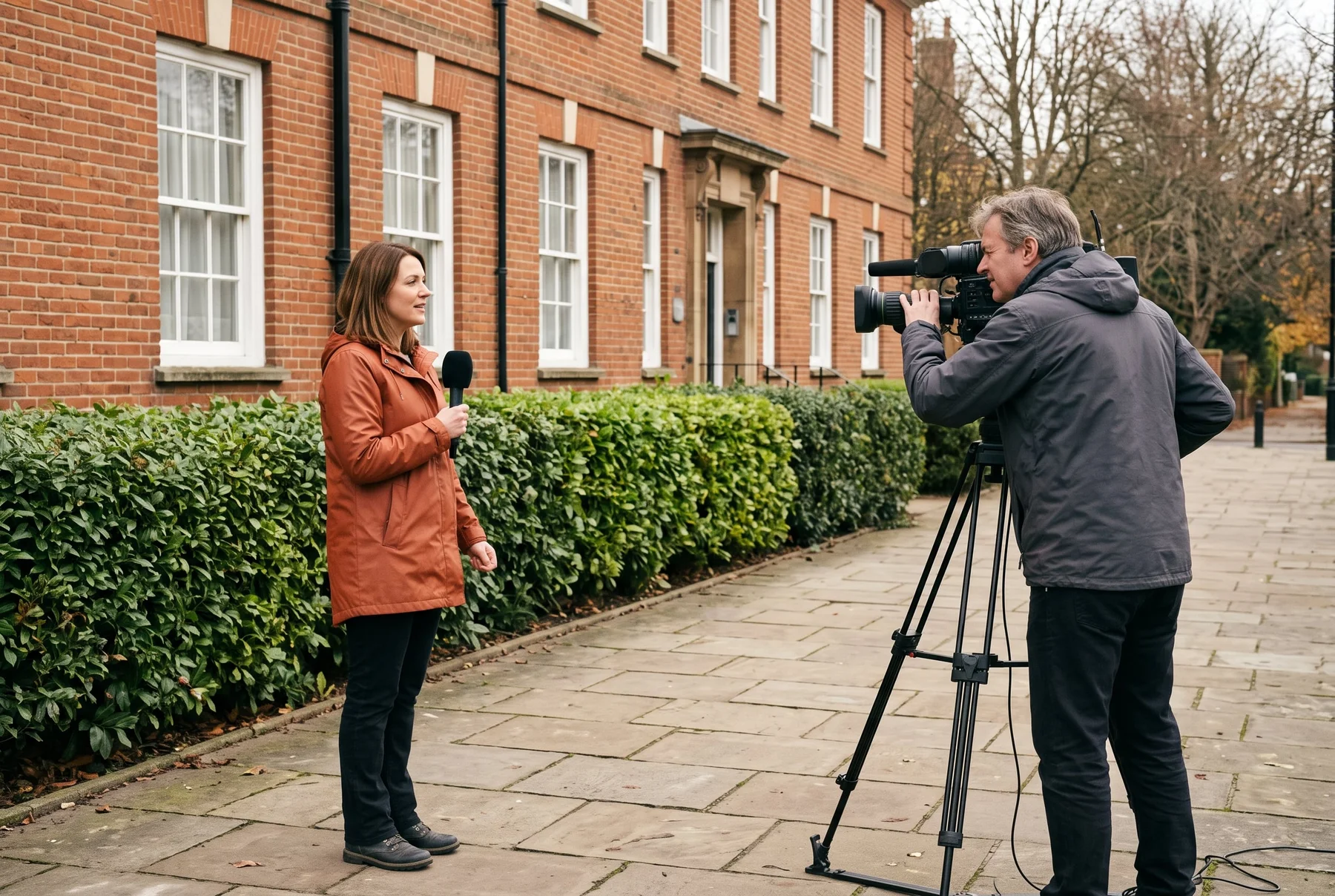 Illustration of a reporter and camera operator preparing an interview on a British street