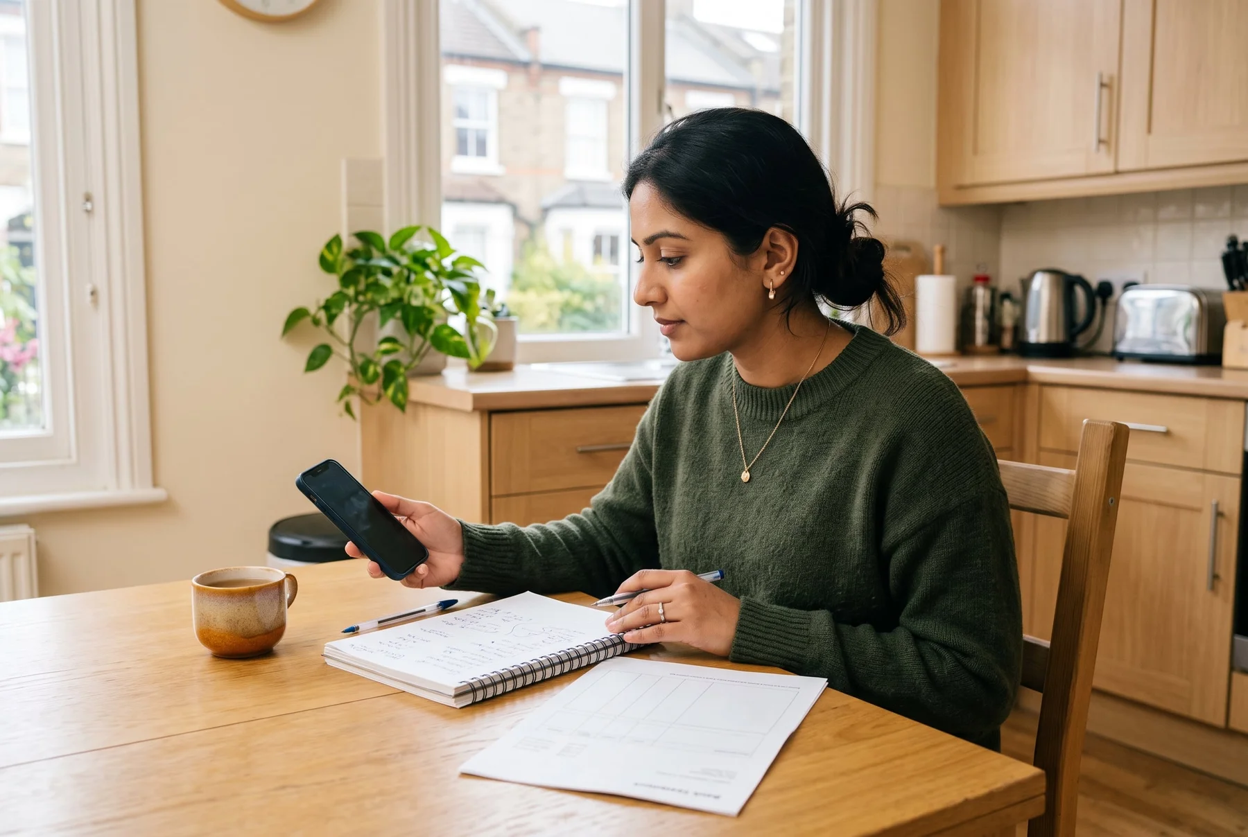 A newcomer planning household expenses at a sunlit kitchen table in the UK.