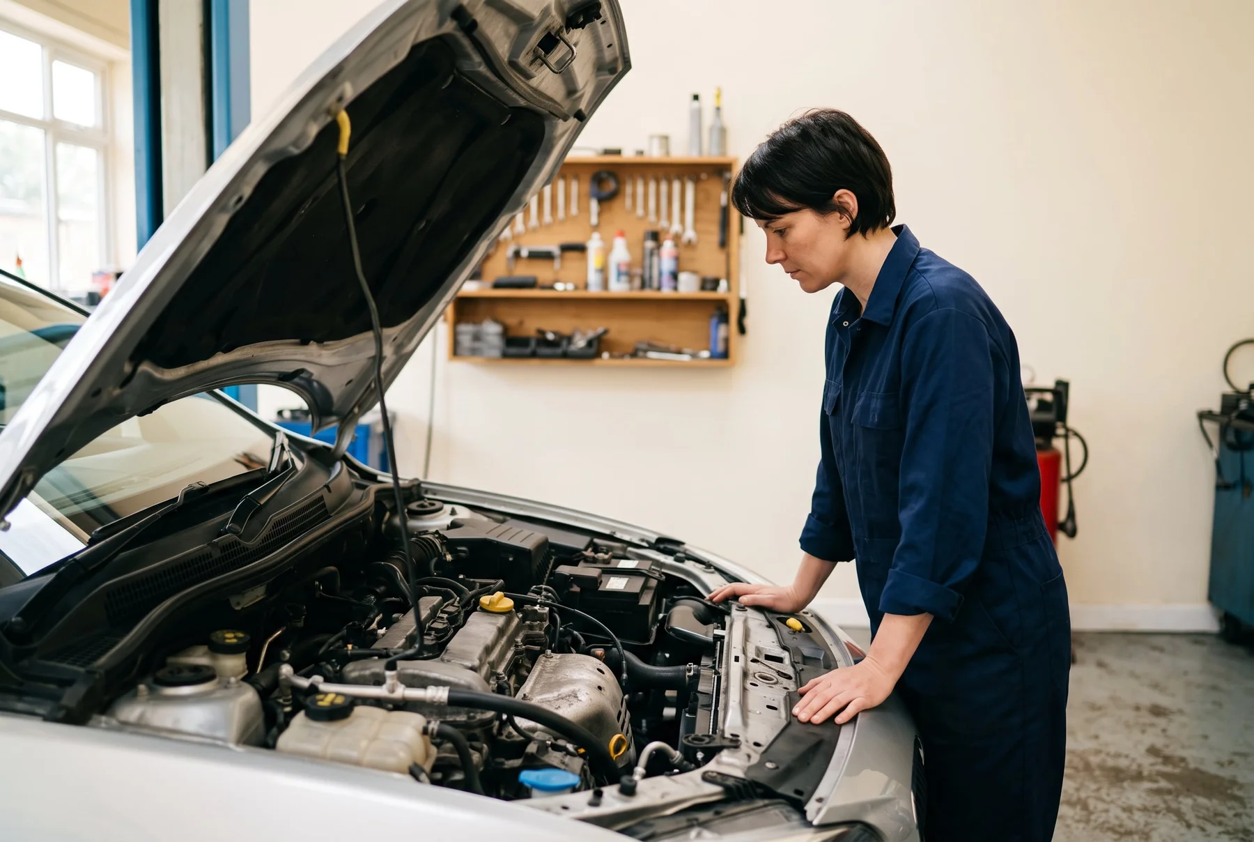 A technician examining the engine of a car in a specialist workshop