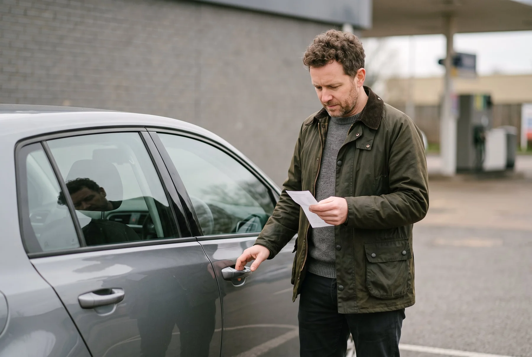 A driver checking a receipt beside a car at a British petrol station