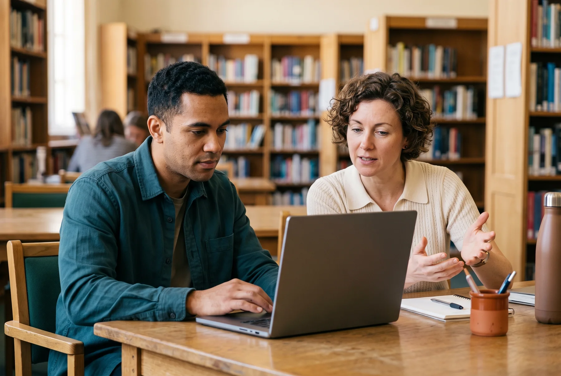 Two adults working together at a laptop in a library.