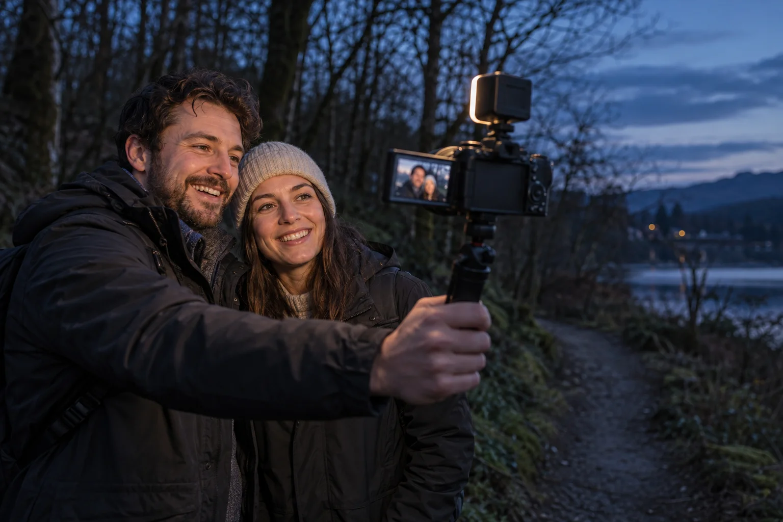 Illustrative scene of two creators filming themselves on a wooded path at dusk with a small video light