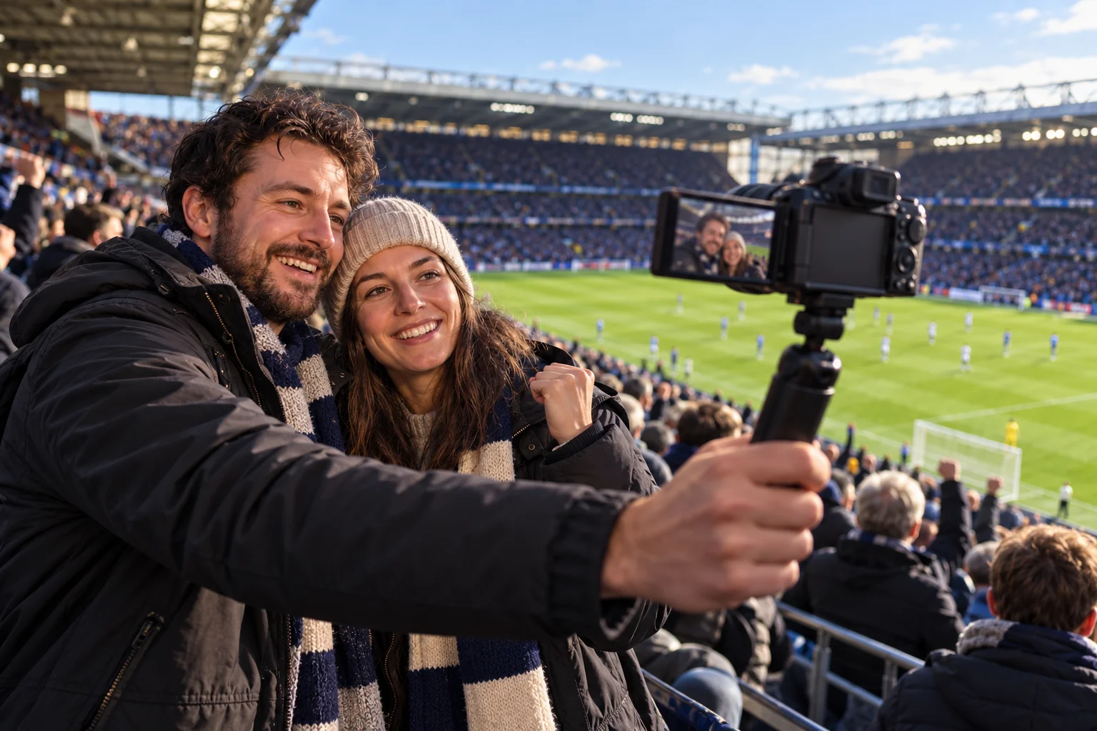 Illustrative scene of two creators filming themselves from a football stand