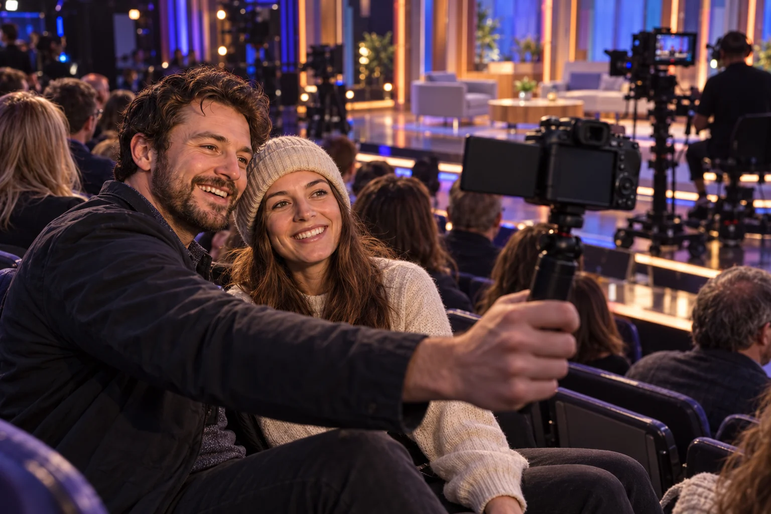 Illustrative scene of two creators filming themselves from the audience of a UK television studio